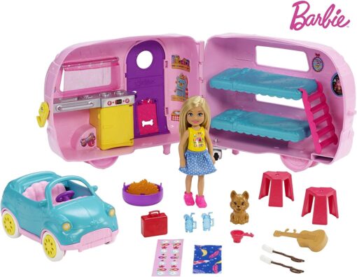 ?Barbie Toys, Camper Playset with Chelsea Doll and Accessories Including Puppy, Car, Camper and More???