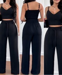 Women’s Solid Color Slim Elastic Pleated Two-Piece Suit Sexy Spaghetti Strap V-neck Backless Vest High Waist Wide Leg Pants Suit