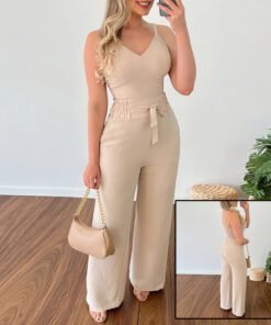 Women’s Solid Color Slim Elastic Pleated Two-Piece Suit Sexy Spaghetti Strap V-neck Backless Vest High Waist Wide Leg Pants Suit