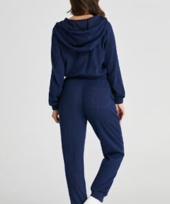 Navy Blue Ribbed Knit Cropped Hoodie and Drawstring Joggers Set