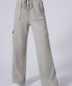 Light Grey Multi Pockets Lace-up High Waist Wide Leg Workout Pants