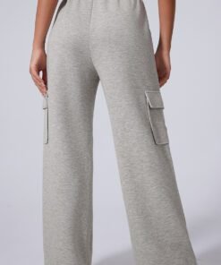 Light Grey Multi Pockets Lace-up High Waist Wide Leg Workout Pants